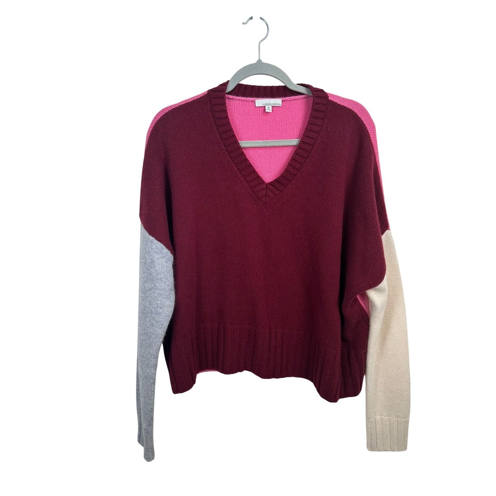 Collaboration Cashmere Sweater Womens S Burgundy Pink Colorblock V-Neck Top